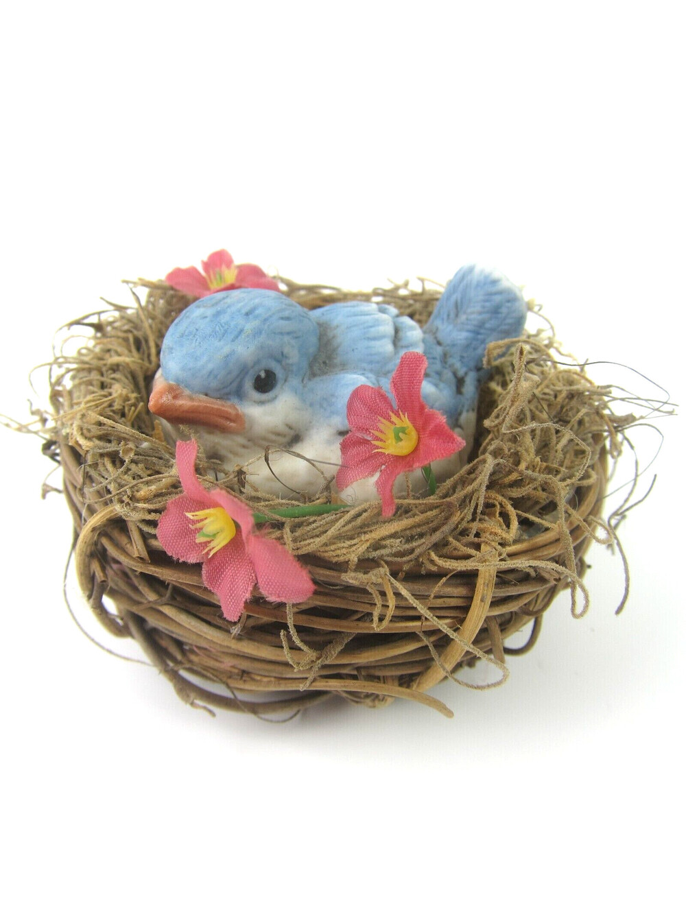 Vintage Ceramic Blue Bird Figurine in Nest Pink Flowers Taiwan R.O.C. 1950s-70s